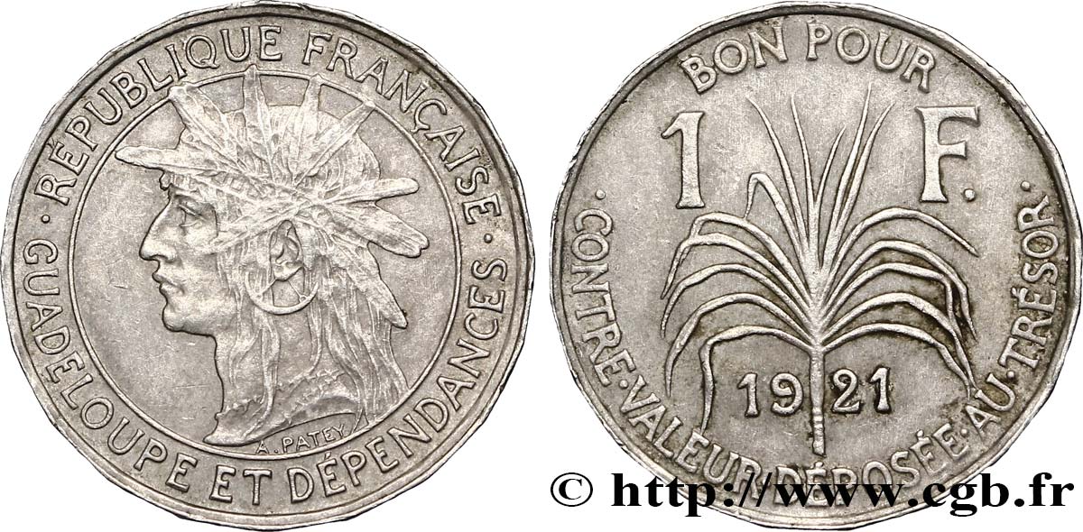 GUADELOUPE Bon pour 1 Franc indien caraïbe 1921  fVZ 