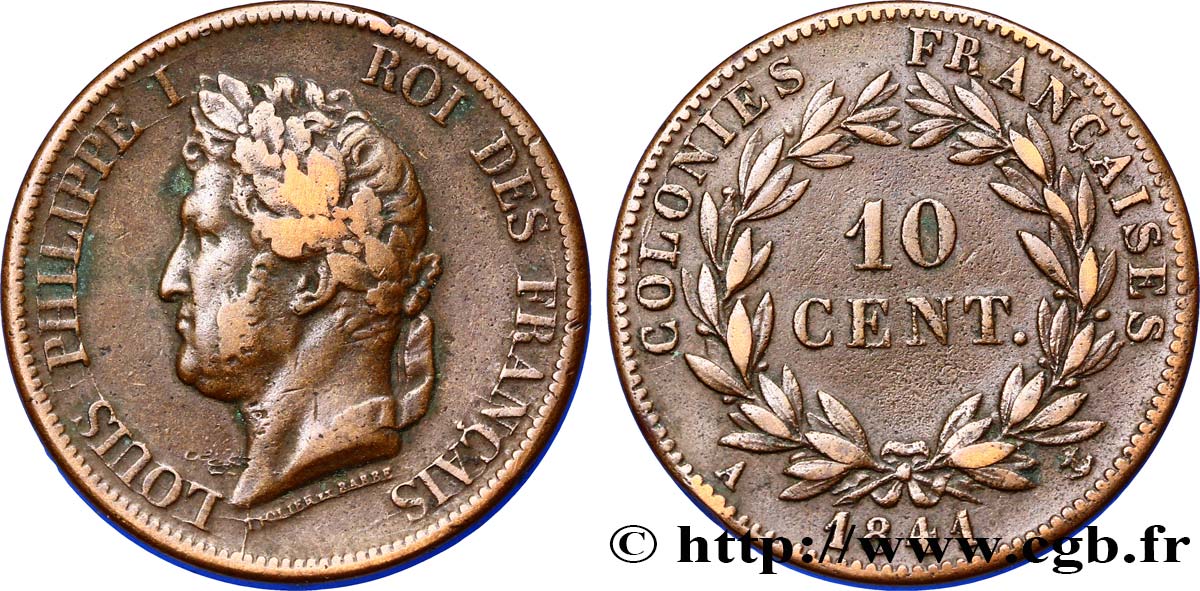 COLONIE FRANCESI - Luigi Filippo, per Guadalupa 10 Centimes 1841 Paris q.BB 