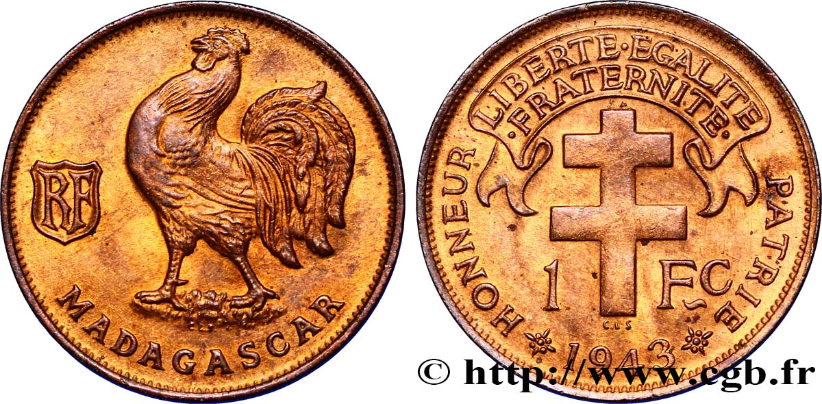 ÎLE DE MADAGASCAR - France Libre 1 Franc 1943 Prétoria SUP 