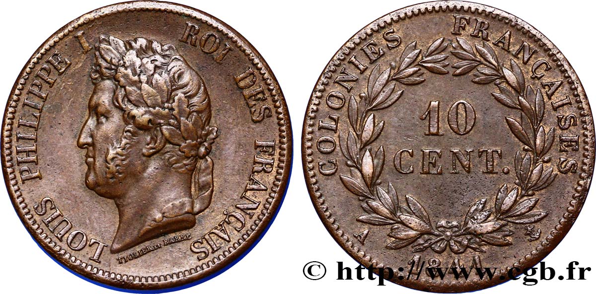COLONIAS FRANCESAS - Louis-Philippe para Guadalupe 10 Centimes 1841 Paris MBC+ 