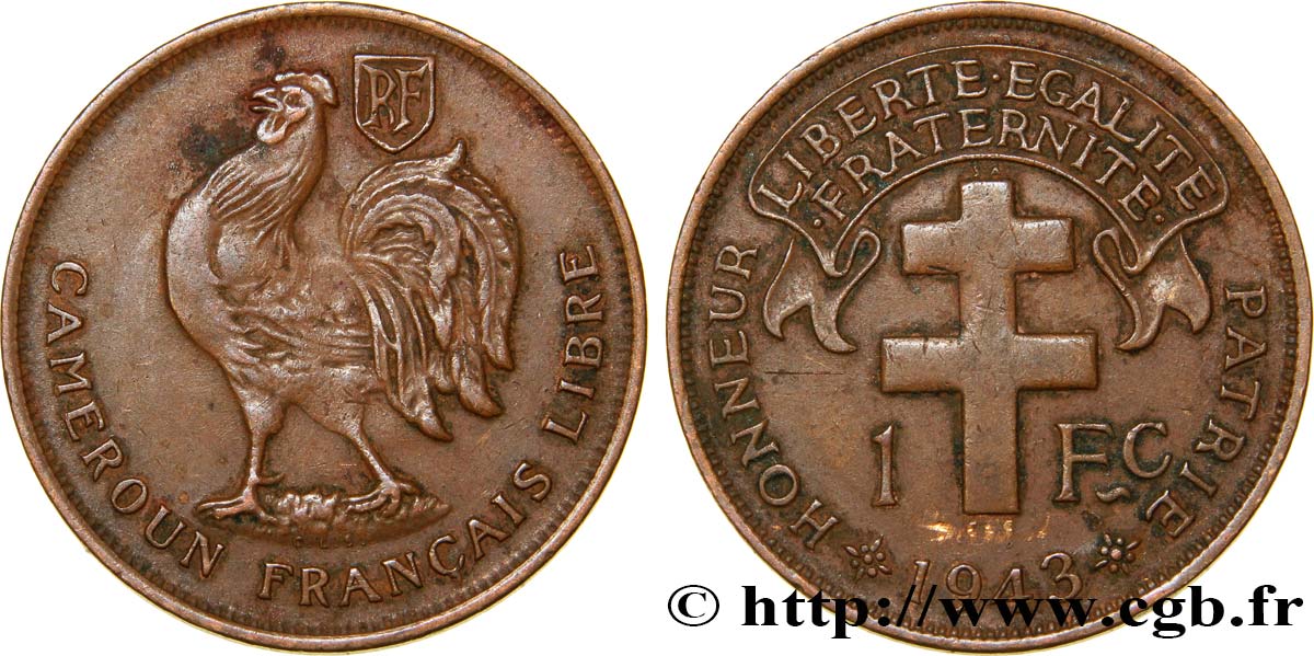 CAMEROUN - TERRITOIRES SOUS MANDAT FRANÇAIS 1 Franc ‘Cameroun Français Libre’ 1943 Prétoria TTB 