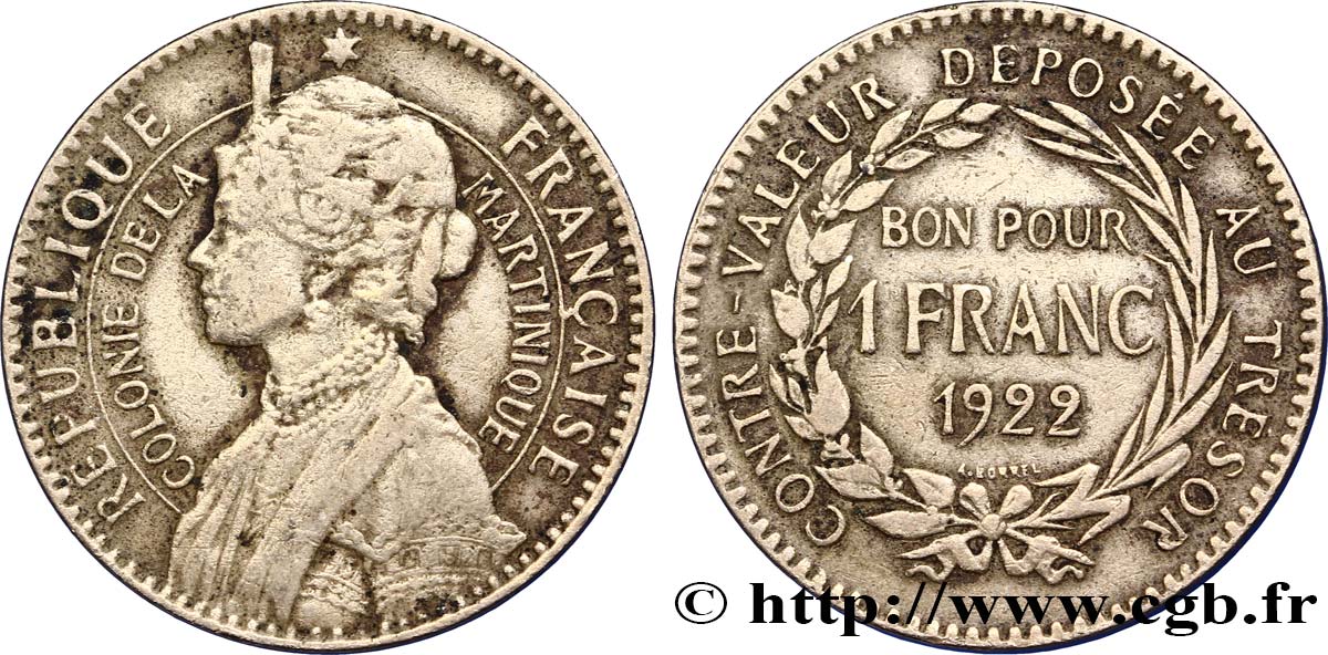 MARTINICA Bon pour 1 Franc Colonie de la Martinique 1922 sans atelier MB 