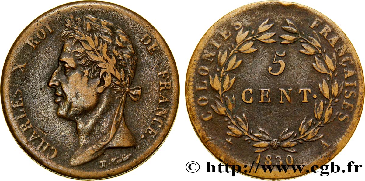 COLONIAS FRANCESAS - Charles X, para Guayana 5 Centimes Charles X 1830 Paris - A BC+ 