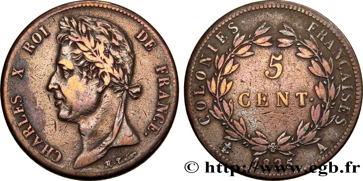 COLONIAS FRANCESAS - Charles X, para Guayana y Senegal 5 Centimes Charles X 1825 Paris - A BC+ 