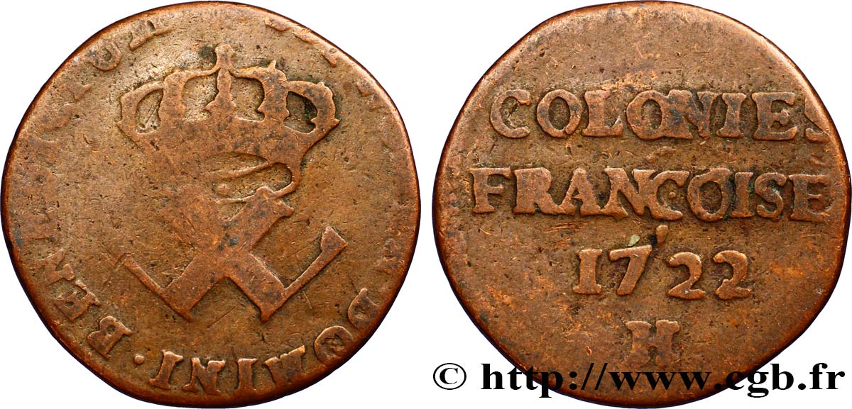 AMERICA - Establecimientos Franceses (Luisiana, Acadia, Canada) 9 Deniers, Colonies Françoises 1722 La Rochelle RC 