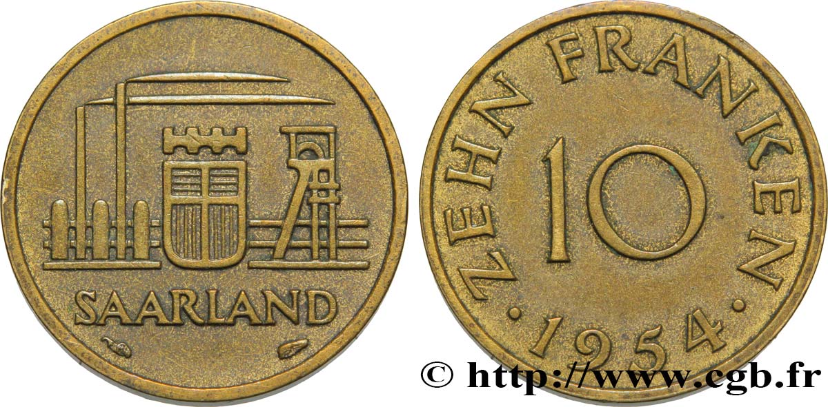 SAAR TERRITORIES 10 Franken 1954 Paris AU 