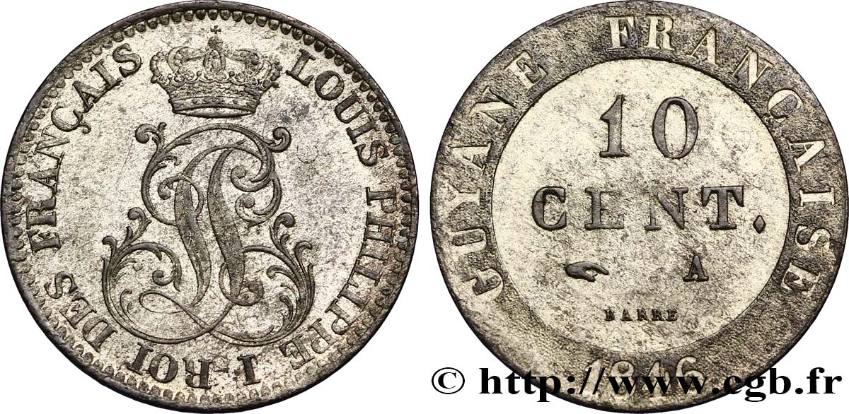 FRANZÖSISCHE-GUAYANA 10 Cent. (imes) monogramme de Louis-Philippe 1846 Paris VZ 