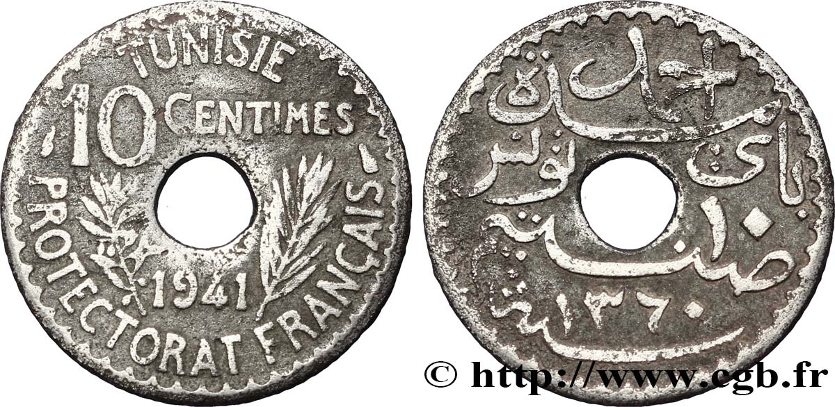 TUNISIA - French protectorate 10 Centimes AH 1360 1941 Paris VF 
