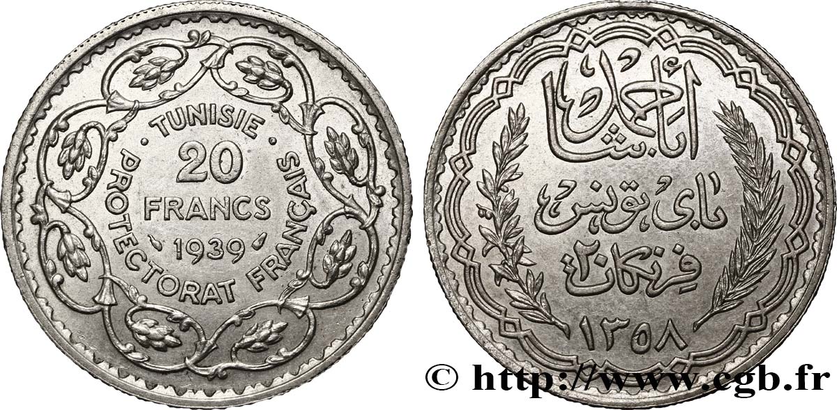 TUNISIA - Protettorato Francese 20 Francs au nom du  Bey Ahmed an 1358 1939 Paris MS 