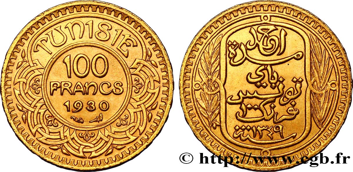 TUNISIA - French protectorate 100 Francs or frappée au nom du Bey Ahmed 1930 Paris AU 
