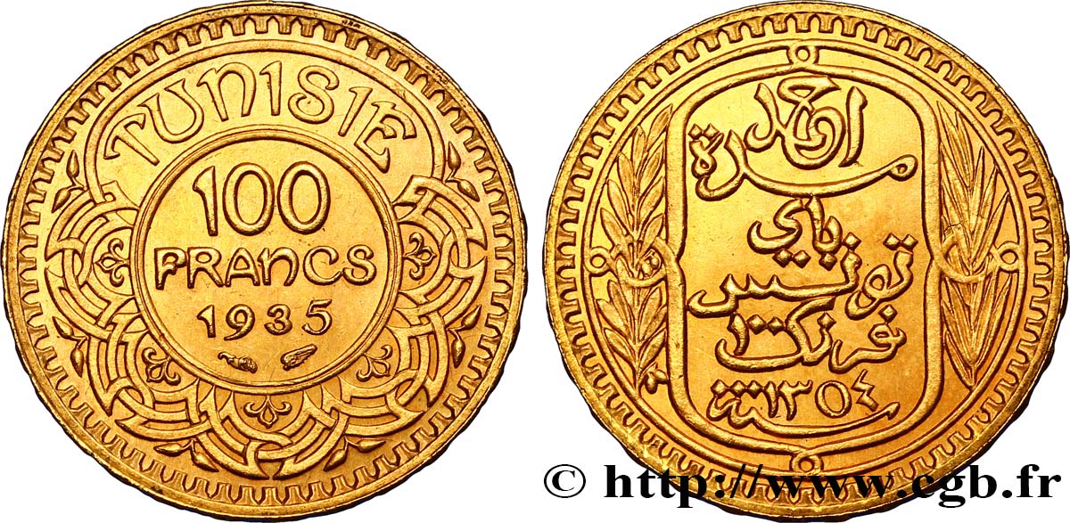 TUNISIA - French protectorate 100 Francs or frappée au nom du Bey Ahmed 1935 Paris AU 