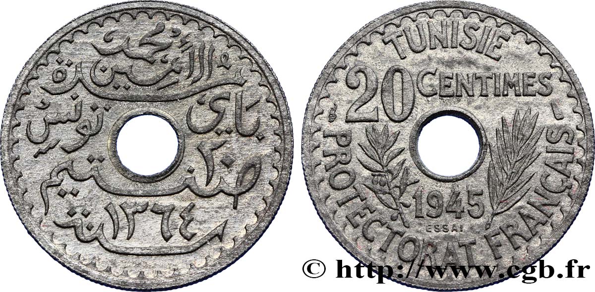 TUNISIA - French protectorate Essai de 20 Centimes AH 1364  1945 Paris MS 