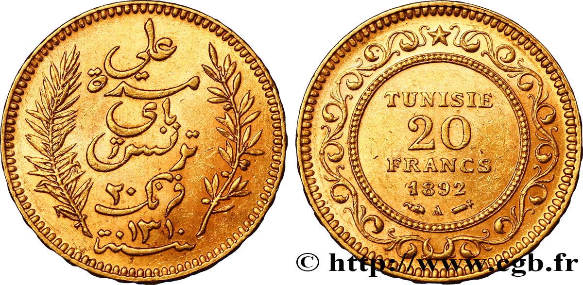 TUNISIA - Protettorato Francese 20 Francs or Bey Ali AH 1309 1892 Paris SPL 