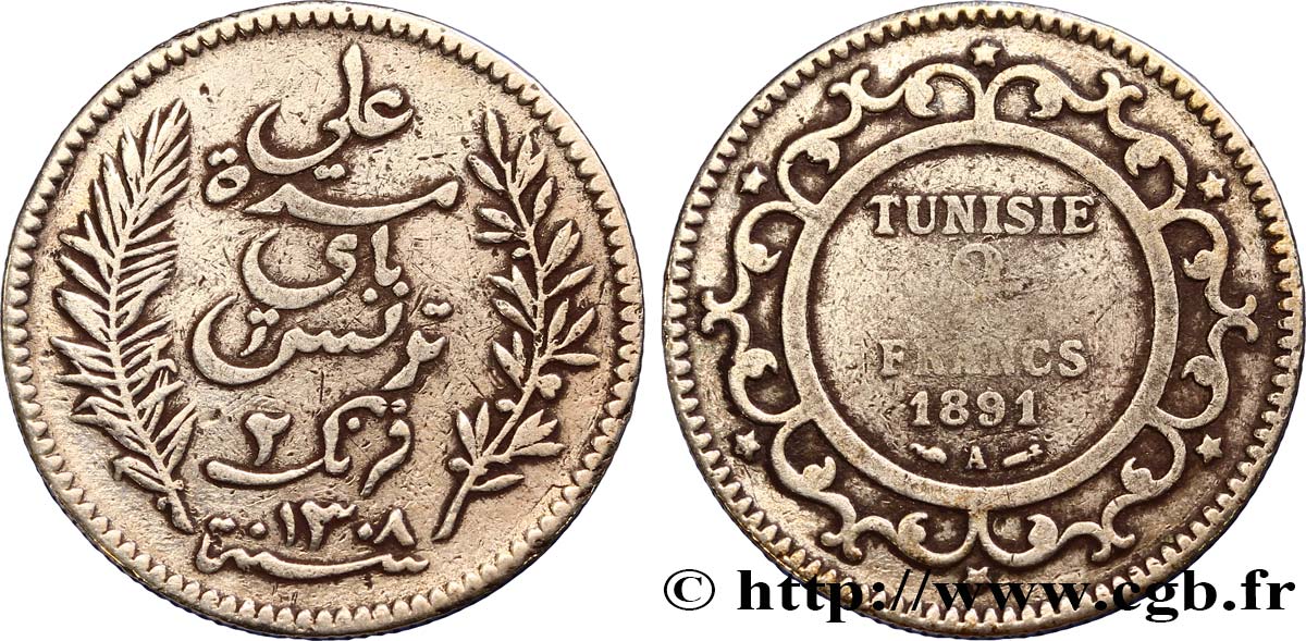 TUNISIA - Protettorato Francese 2 Francs AH1308 1891 Paris - A MB 