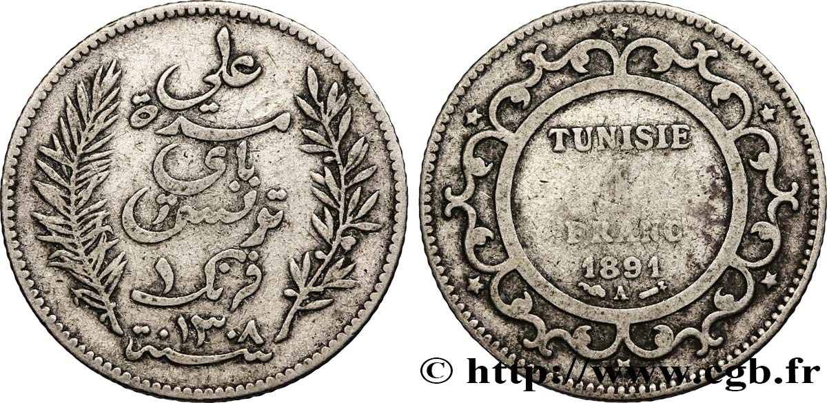 TUNISIA - French protectorate 1 Franc AH1308 1891 Paris F 