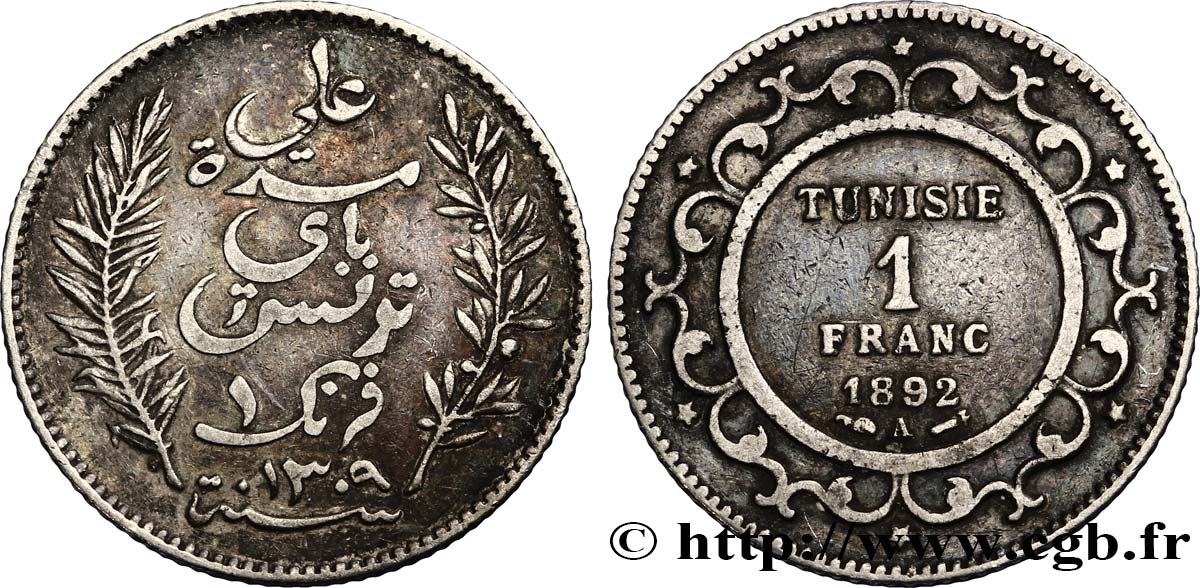 TUNISIA - Protettorato Francese 1 Franc AH1309 1892 Paris q.BB 