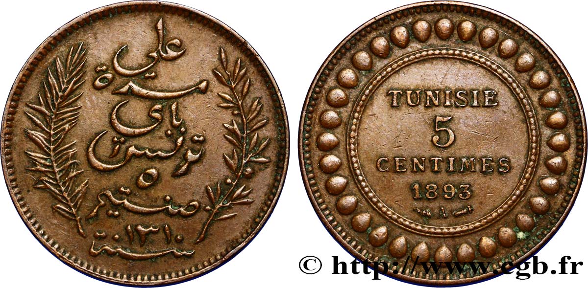 TUNESIEN - Französische Protektorate  5 Centimes AH1310 1893 Paris SS 