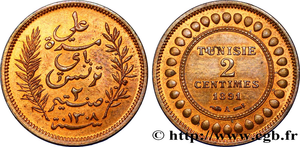TUNESIEN - Französische Protektorate  2 Centimes AH1308 1891  VZ 
