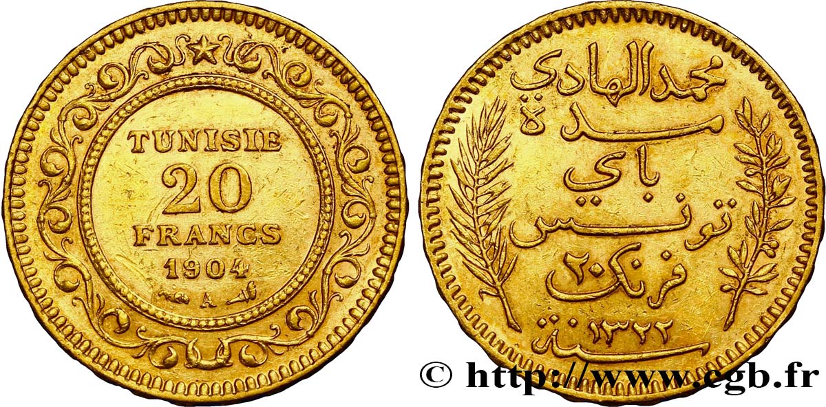 TUNISIA - FRENCH PROTECTORATE 20 Francs or Bey Mohamed El Hadi AH 1322 1904 Paris AU 