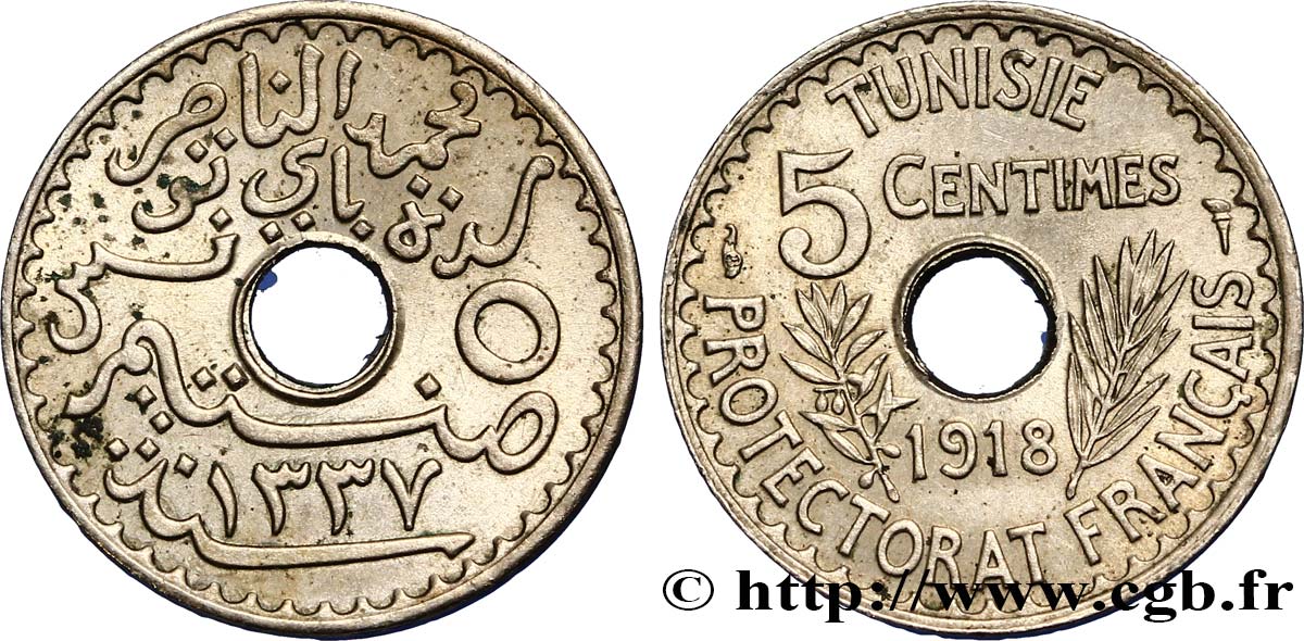 TUNESIEN - Französische Protektorate  5 Centimes AH 1337 1919 Paris VZ 