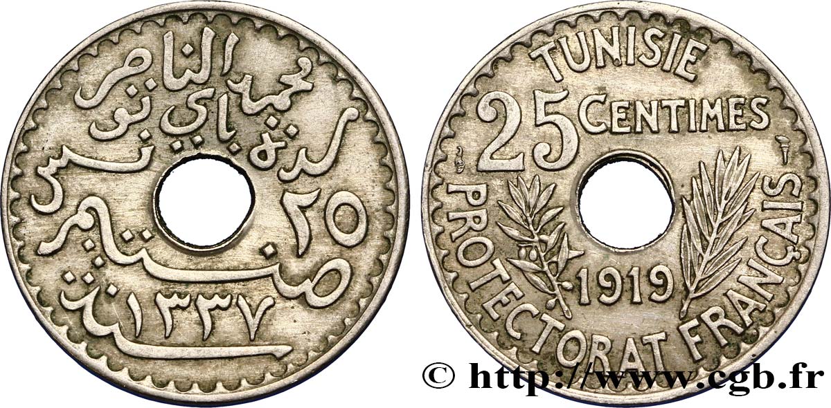 TUNEZ - Protectorado Frances 25 Centimes AH1337 1919 Paris EBC 
