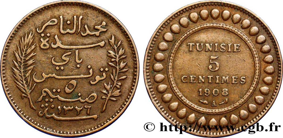 TUNESIEN - Französische Protektorate  5 Centimes AH1326 1908 Paris SS 