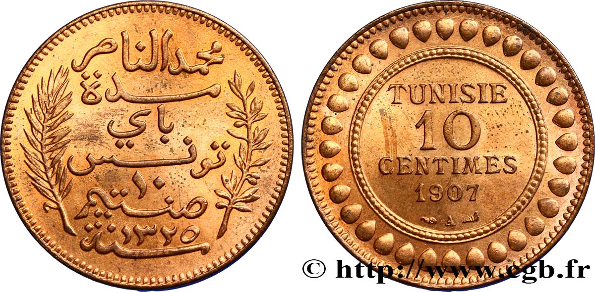 TUNESIEN - Französische Protektorate  10 Centimes AH1325 1907 Paris fST 