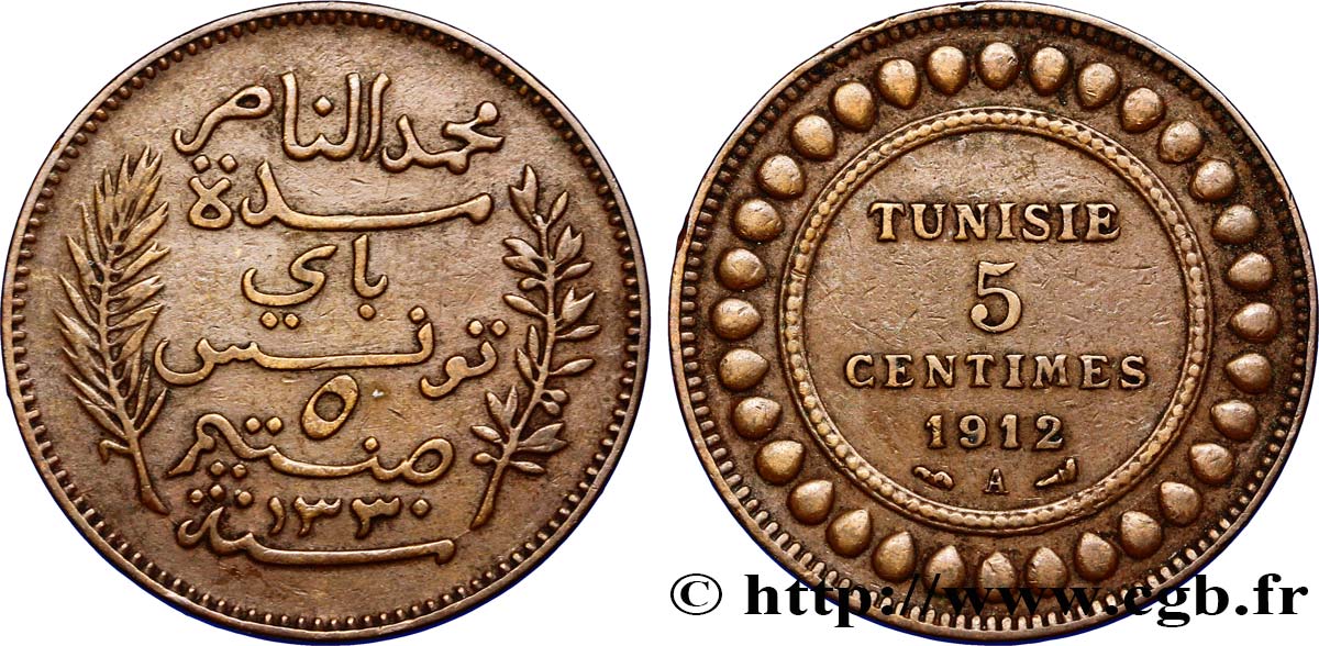 TUNISIA - Protettorato Francese 5 Centimes AH1330 1912 Paris BB 