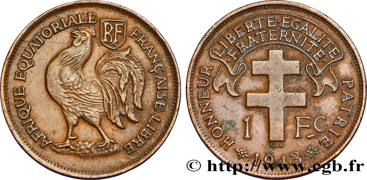 AFRICA ECUATORIAL FRANCESA - Fuerzas Francesas Libras 1 Franc 1943 Prétoria MBC+ 