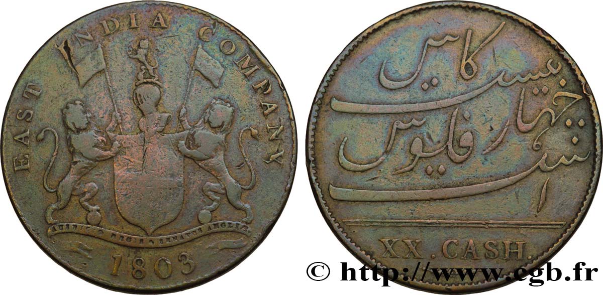 ÎLE DE FRANCE (ÎLE MAURICE) XX (20) Cash East India Company 1803 Madras TB 
