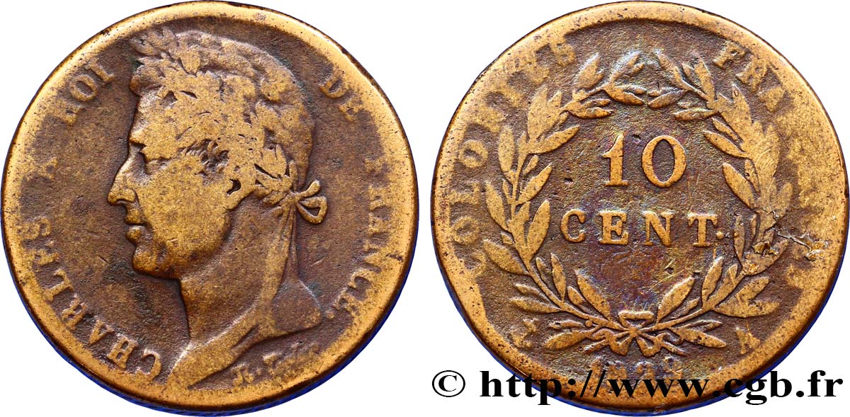 COLONIE FRANCESI - Carlo X, per Guyana 10 Centimes Charles X 1829 Paris - A MB 