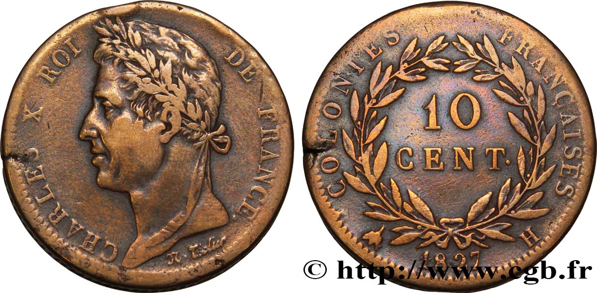 COLONIE FRANCESI - Carlo X, per Martinica e Guadalupa 10 Centimes Charles X 1827 La Rochelle - H q.BB 