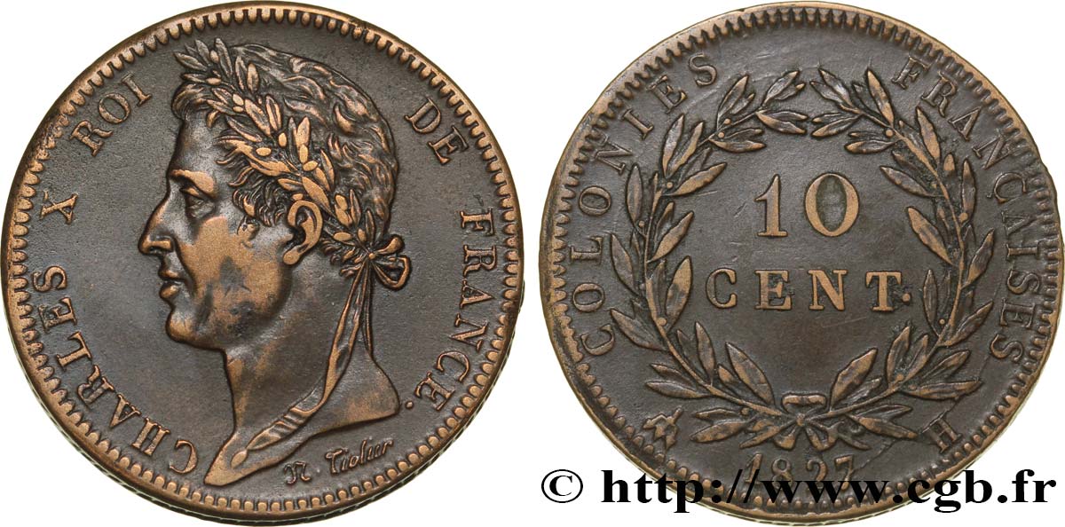 COLONIAS FRANCESAS - Charles X, para Martinica y Guadalupe 10 Centimes Charles X 1827 La Rochelle - H MBC+ 