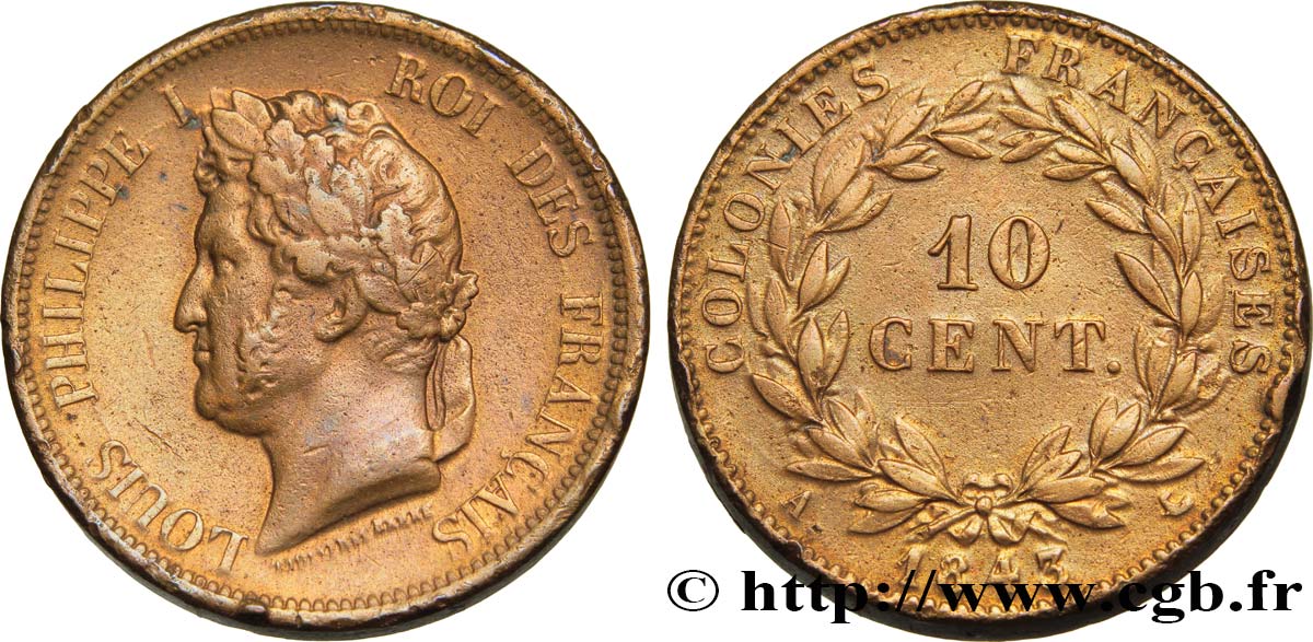 COLONIE FRANCESI - Luigi Filippo, per Isole Marchesi 10 Centimes 1843 Paris q.BB 