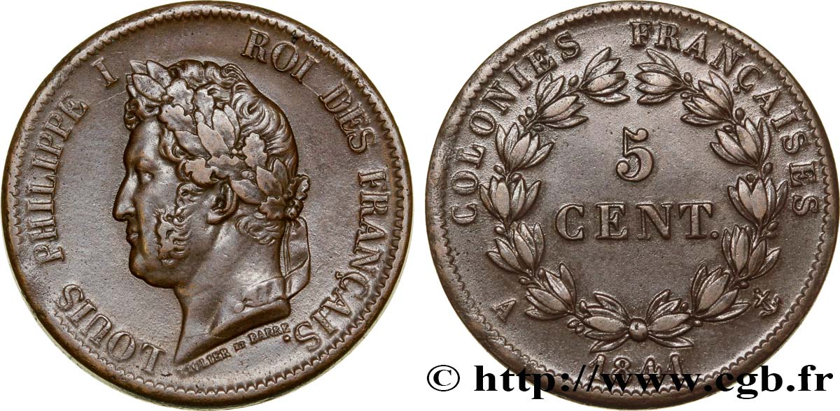 COLONIE FRANCESI - Luigi Filippo, per Guadalupa 5 Centimes Louis Philippe Ier 1841 Paris - A q.SPL 