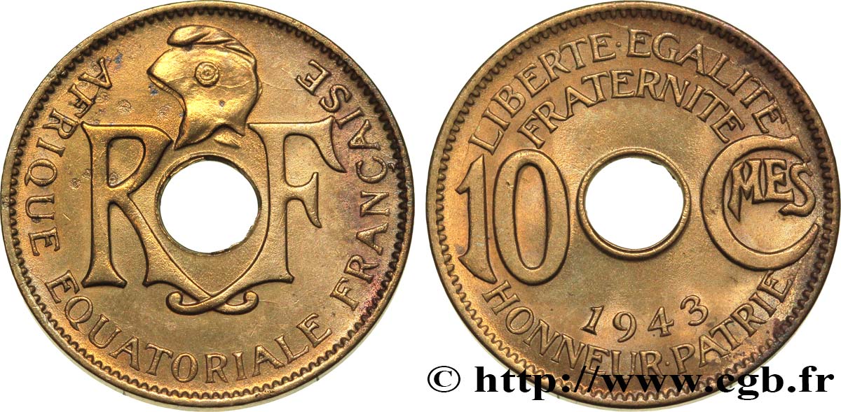 FRENCH EQUATORIAL AFRICA - FREE FRANCE  10 Centimes 1943 Prétoria AU 