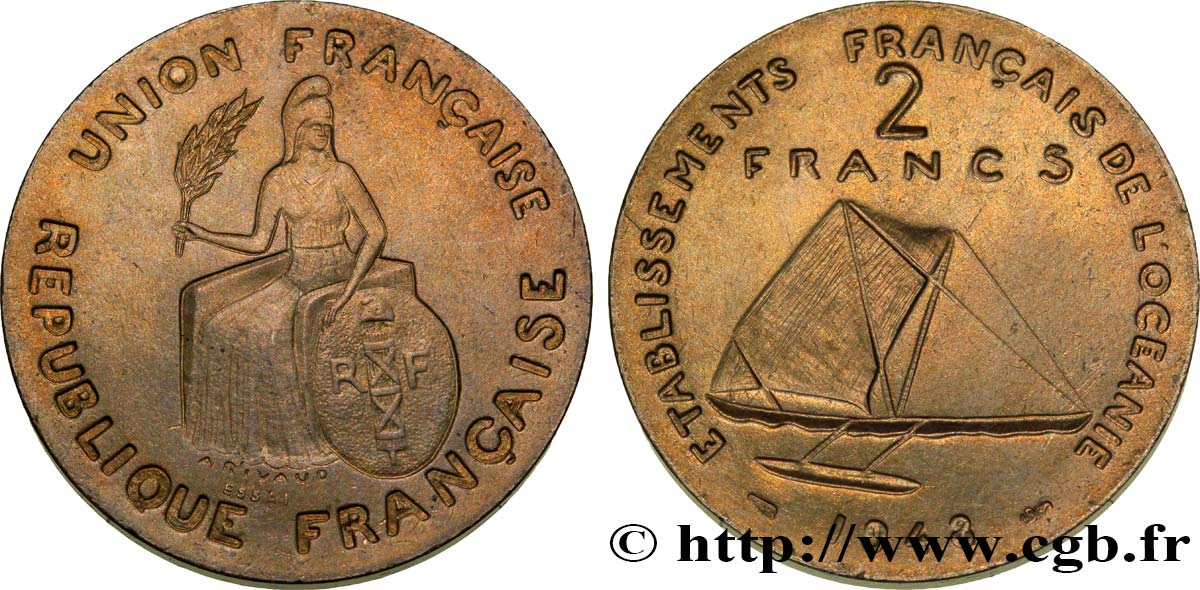 POLINESIA FRANCESE - Oceania Francese Essai de 2 Francs type sans listel 1948 Paris MS 