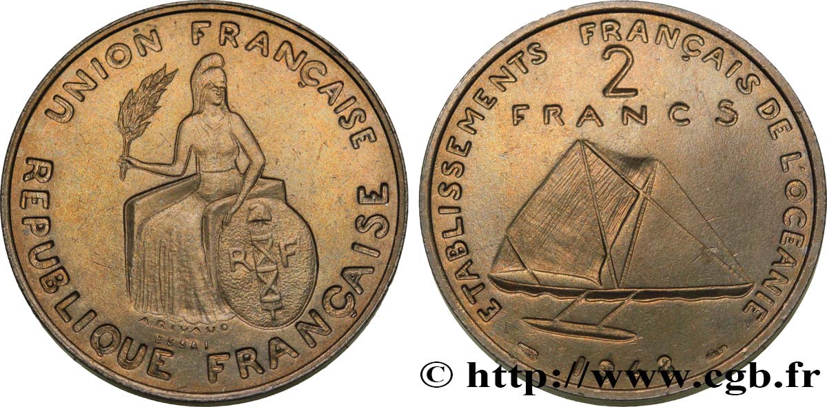 POLINESIA FRANCESE - Oceania Francese Essai de 2 Francs avec listel en relief 1948 Paris MS 