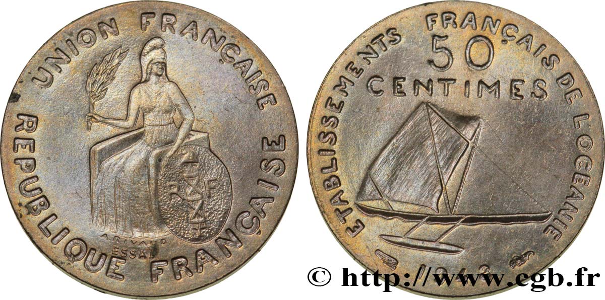 POLYNÉSIE FRANÇAISE - Océanie française Essai de 50 Centimes type sans listel 1948 Paris SPL 
