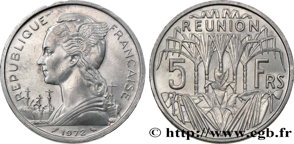 REUNION ISLAND 5 Francs Marianne / canne à sucre 1972 Paris MS 