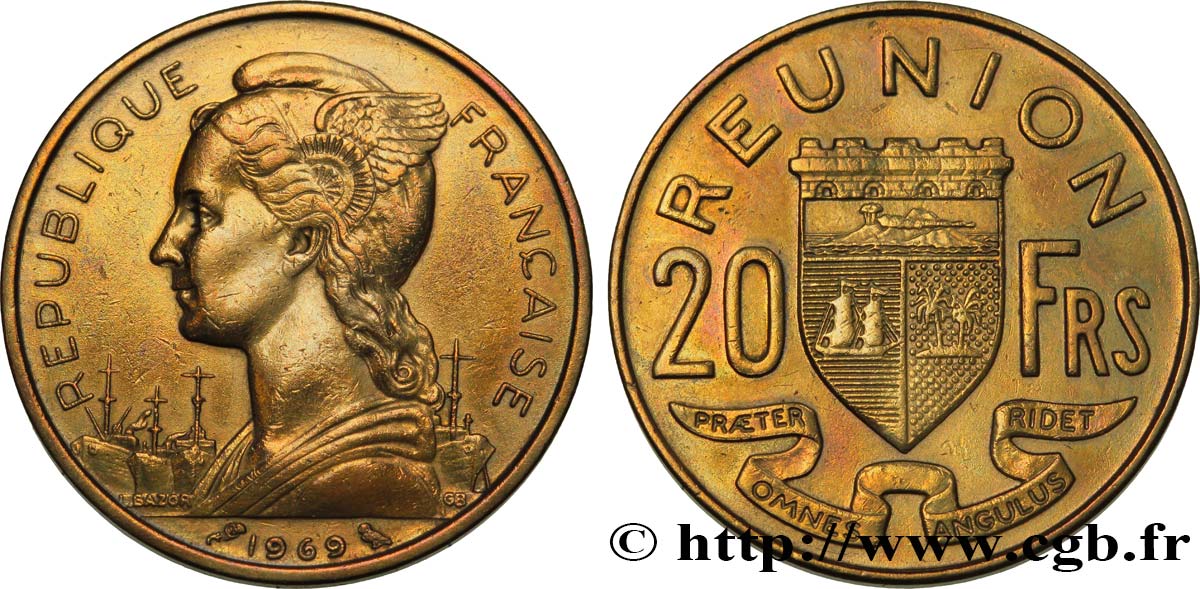 REUNION ISLAND 20 Francs Marianne / armes 1969 Paris AU 