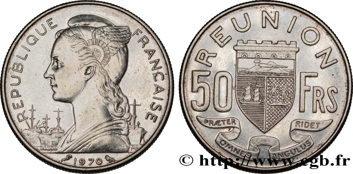 REUNION ISLAND 50 Francs / armes de Saint Denis de la Réunion 1970 Paris AU 