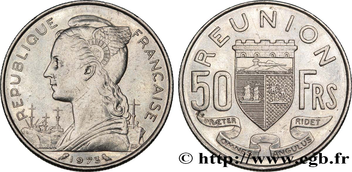REUNION ISLAND 50 Francs / armes de Saint Denis de la Réunion 1973 Paris AU 