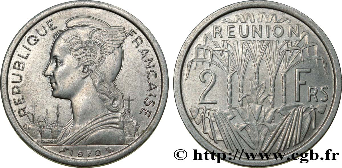 REUNION INSEL 2 Francs Marianne / canne à sucre 1970 Paris VZ 