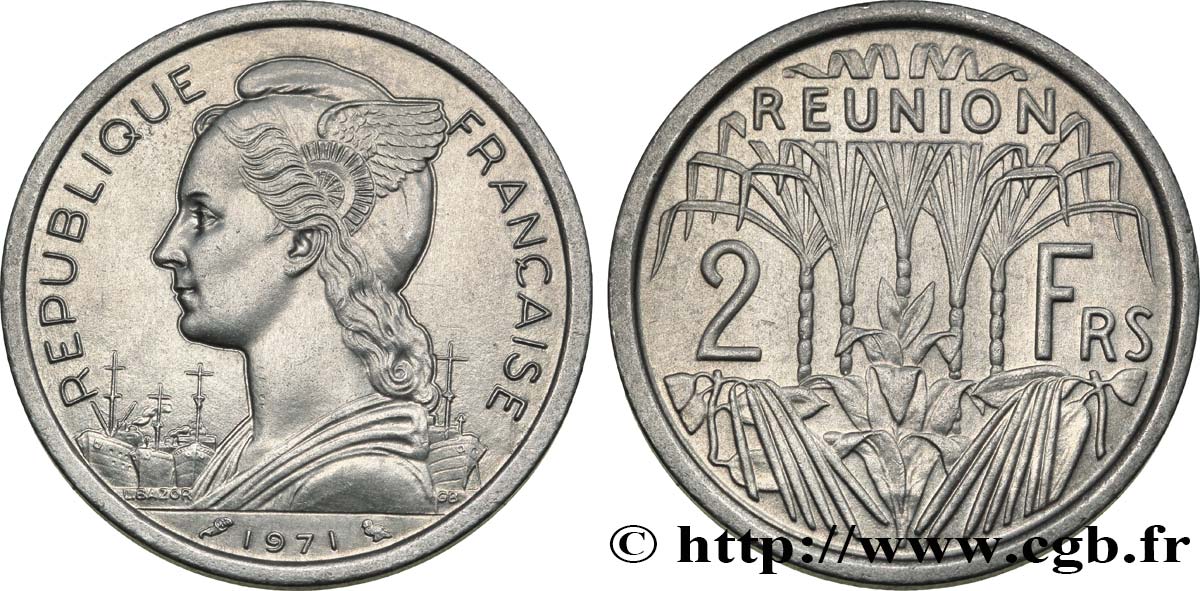 REUNION 2 Francs Marianne / canne à sucre 1971 Paris AU 