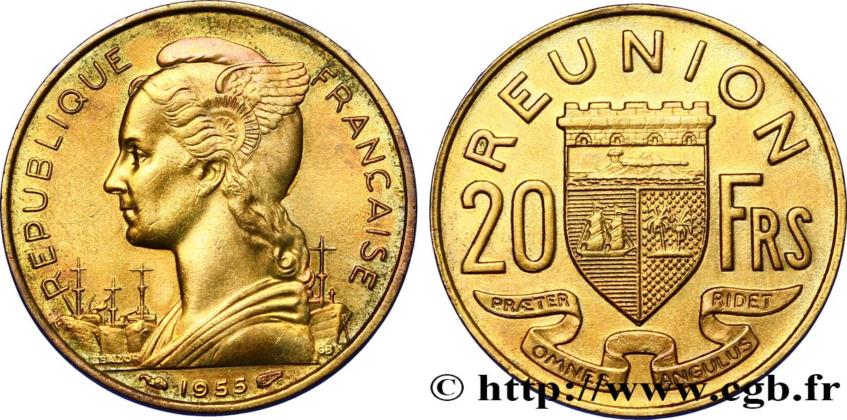 REUNION ISLAND 20 Francs Marianne / armes 1955 Paris AU 