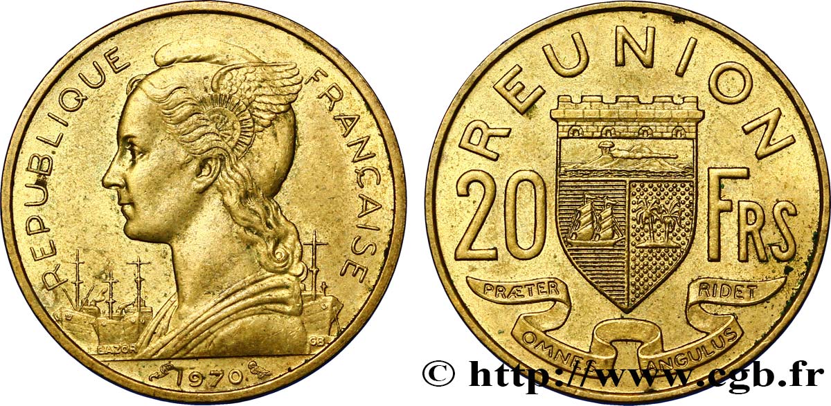 REUNION ISLAND 20 Francs 1970 Paris AU 