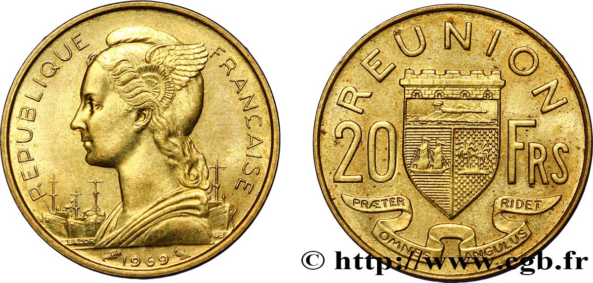 REUNION ISLAND 20 Francs Marianne / armes 1969 Paris AU 