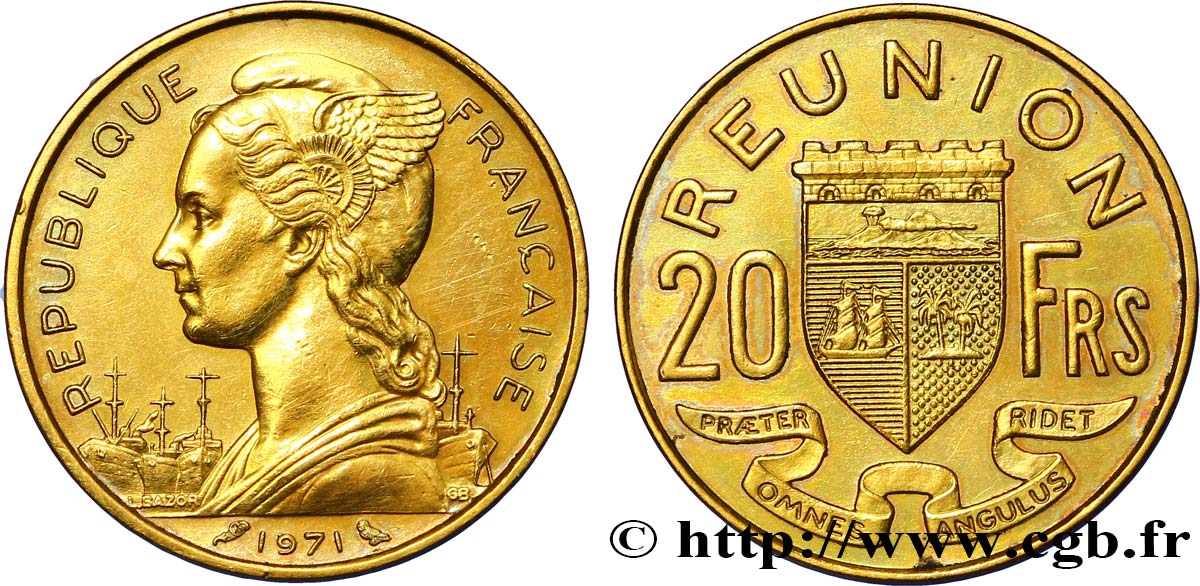 REUNION ISLAND 20 Francs 1971 Paris AU 