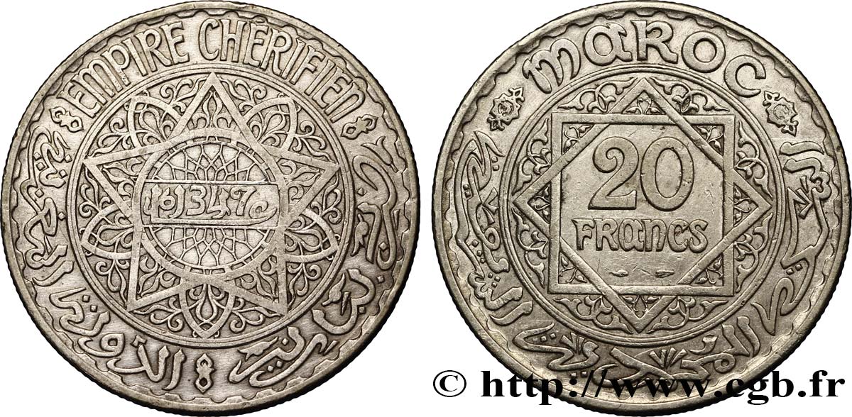 MAROCCO - PROTETTORATO FRANCESE 20 Francs AH 1347 1928 Paris BB 